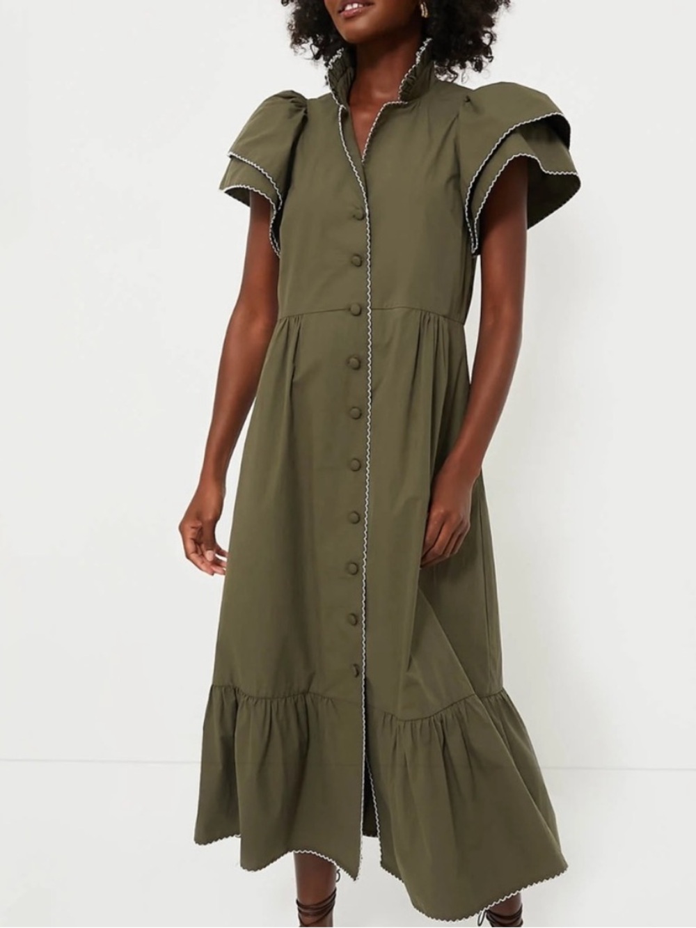 Tuckernuck Alice Ruffle Sleeve Midi Dress in Olive Green